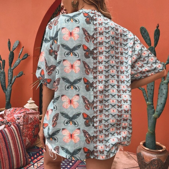 Boho Mint Butterfly Button up Short Sleeve Top - Picture 4 of 5